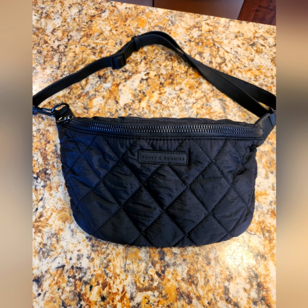 Poppy And Peonies Black Quilted Crossbody Bag